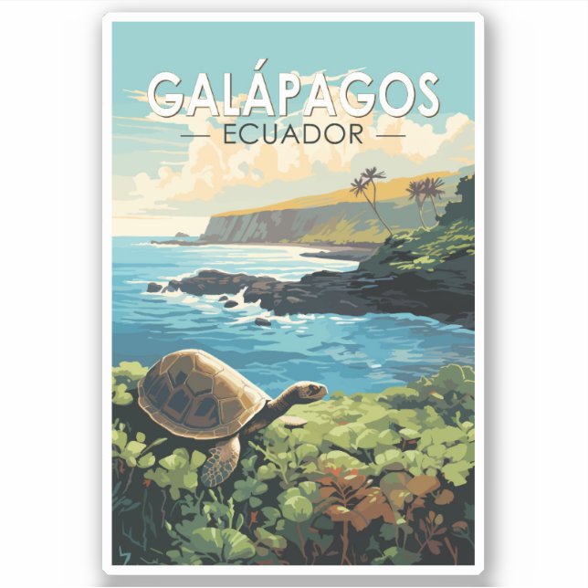 Galapagos Islands Giant Tortoise Travel Art Retro (Front)