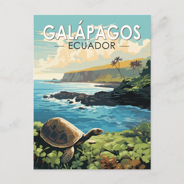 Galapagos Islands Giant Tortoise Travel Art Retro Postcard (Front)