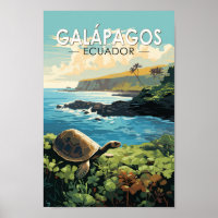 Galapagos Islands Giant Tortoise Travel Art Retro
