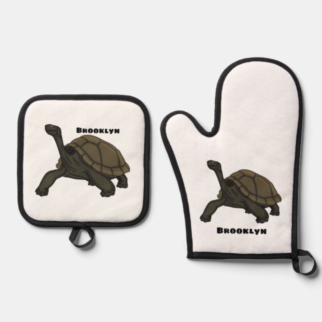 Galapagos land tortoise illustration oven mitt & pot holder set (Front)