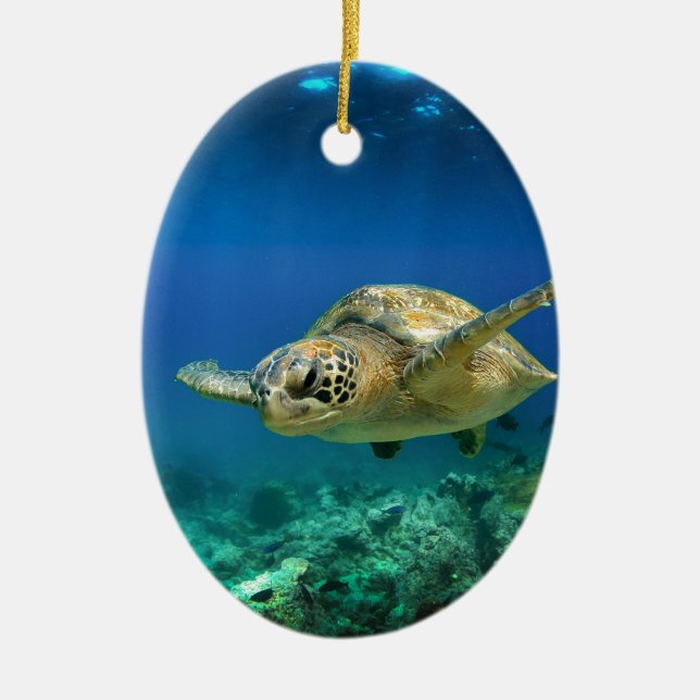 Galapagos paradise green sea turtle underwater ceramic tree decoration (Front)