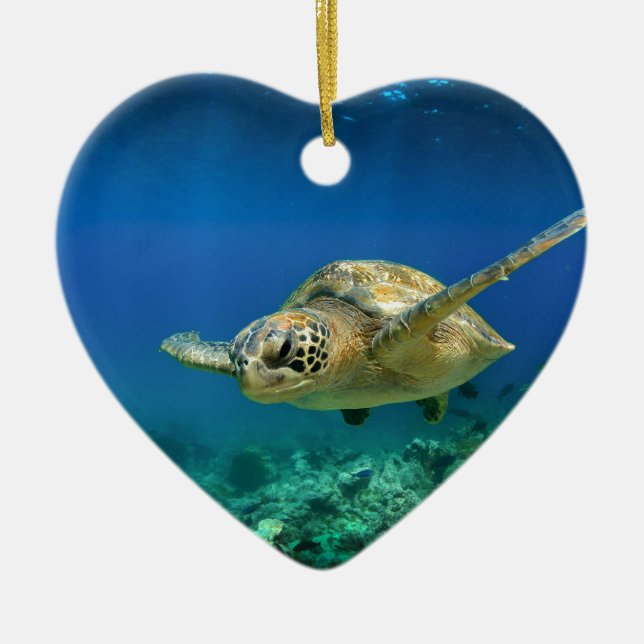 Galapagos paradise green sea turtle underwater ceramic tree decoration (Front)