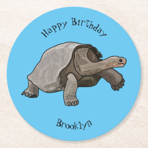 Galapagos tortoise cartoon illustration round paper coaster