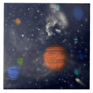 Galaxies with stars and planets in space tile