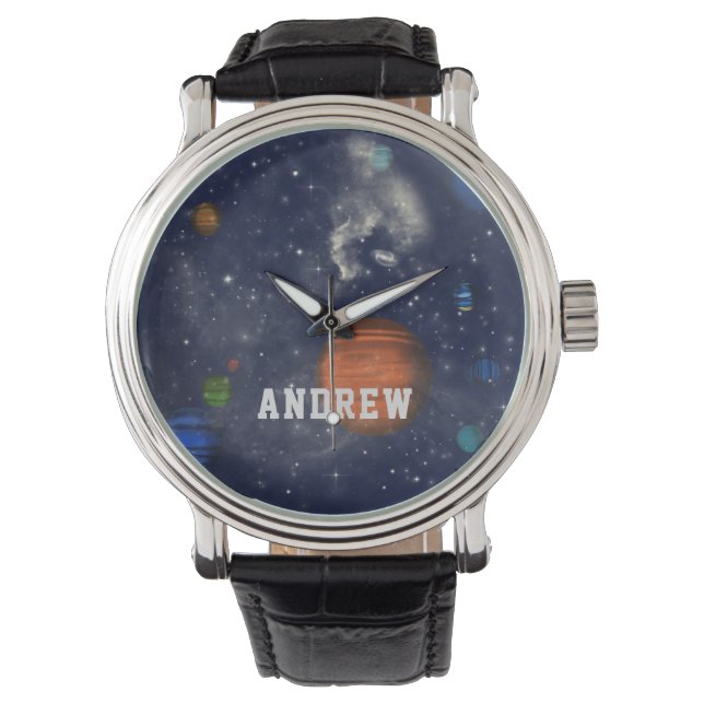 Galaxies with stars and planets in space watch (Front)