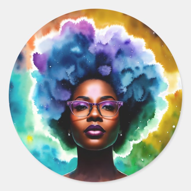  Galaxy Afro Black Woman In Glasses Classic Round Sticker (Front)