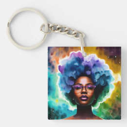 Galaxy Afro Black Woman In Glasses Key Ring
