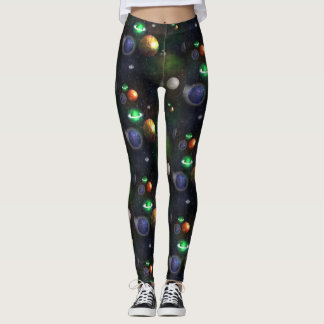 Galaxy and planets on black background leggings