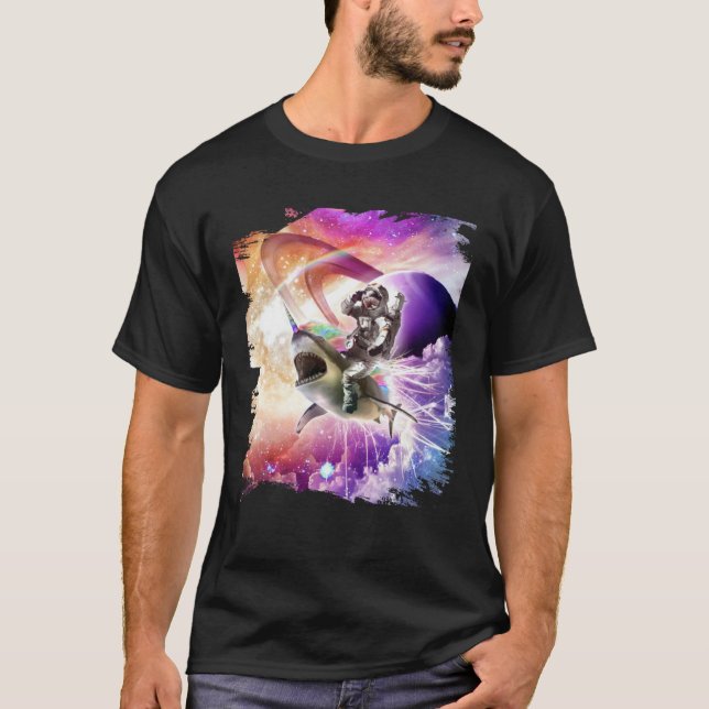 Galaxy Astronaut Cat Riding Rainbow Shark Unicorn T-Shirt (Front)