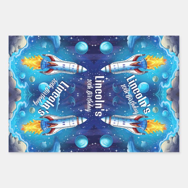 Galaxy Astronaut Space Shuttle Rocketship Birthday Wrapping Paper Sheet (Front)