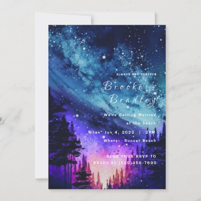 Galaxy Aurora Forest Night Wedding Invitation (Front)
