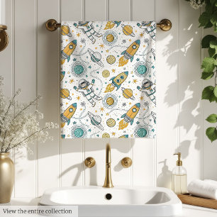 Galaxy Bath Towel Rockets & Planets in Soft Hues