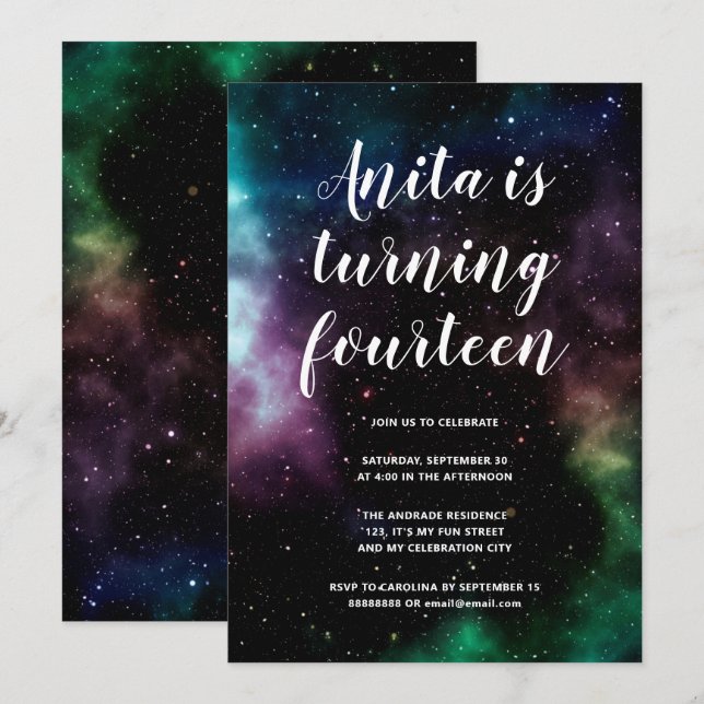 Galaxy Birthday Party Teens 14 Cosmic Space Themed Invitation (Front/Back)