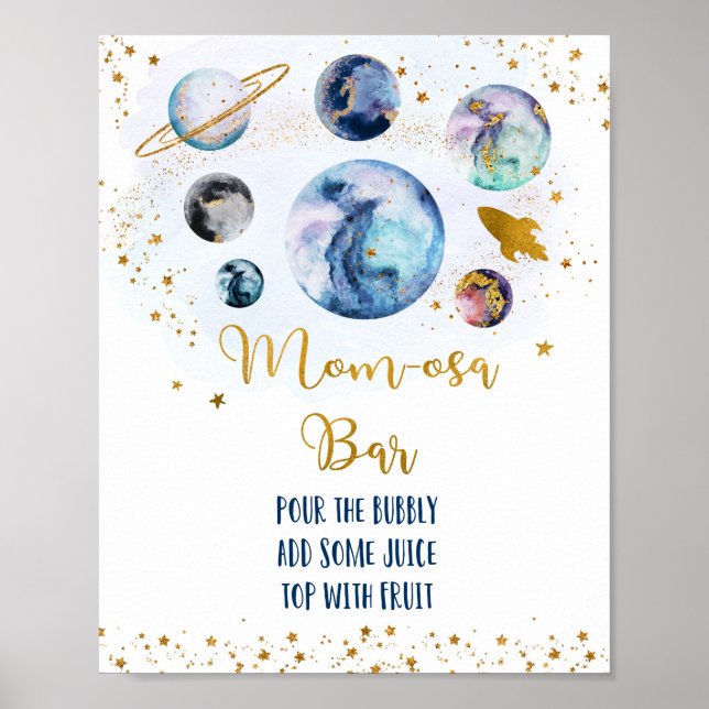 Galaxy Blue Gold Baby Shower Mum-osa Bar Poster (Front)
