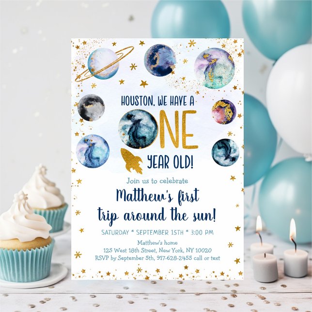Galaxy Blue Gold First Trip Around The Sun Invitation (Creator Uploaded)
