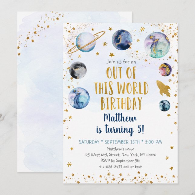 Galaxy Blue Gold Out Of This World Birthday Invitation (Front/Back)