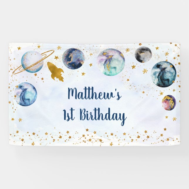 Galaxy Blue Gold Outer Space Birthday Banner (Horizontal)