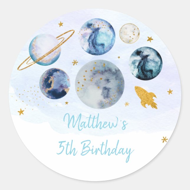 Galaxy Blue Gold Outer Space Birthday Classic Round Sticker (Front)