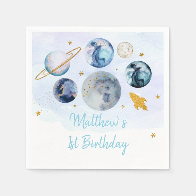 Galaxy Blue Gold Outer Space Birthday Napkin (Front)