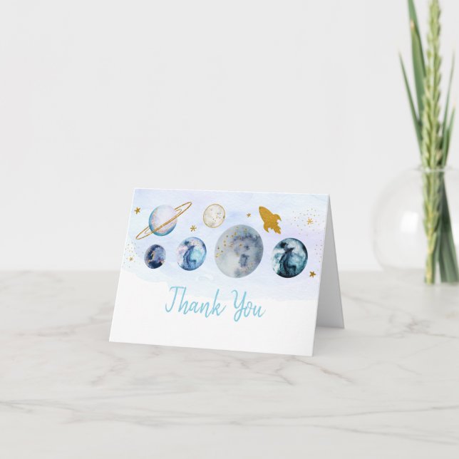 Galaxy Blue Gold Outer Space Birthday Thank You Card (Front)