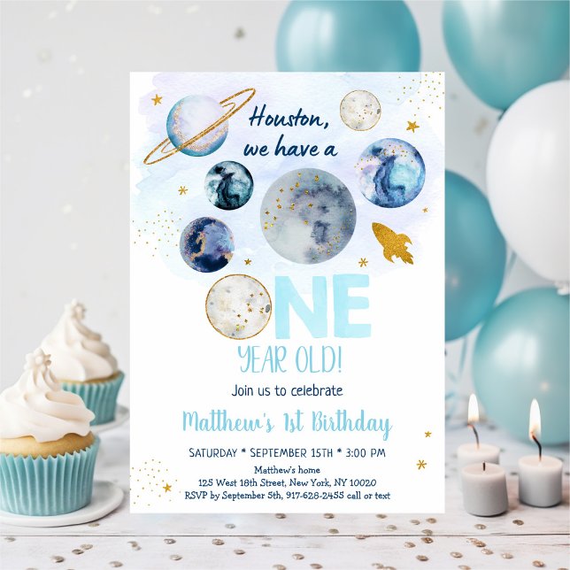 Galaxy Blue Gold Outer Space First Birthday Invitation (Creator Uploaded)