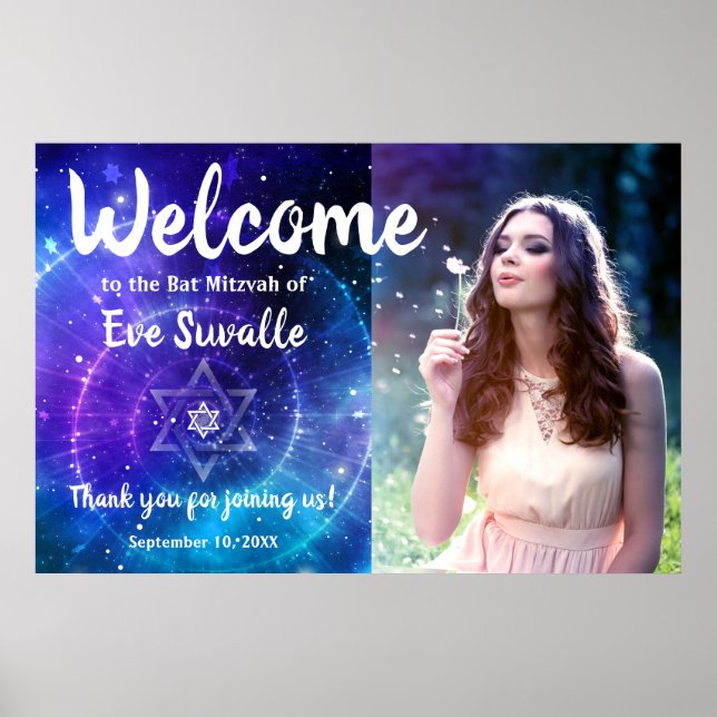 Galaxy Blue Purple Bar Bat Mitzvah Photo Welcome Poster (Front)