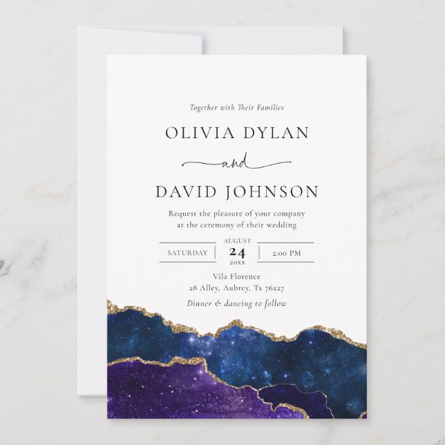 Galaxy Blue Purple Gold Agate Wedding Invitation (Front)