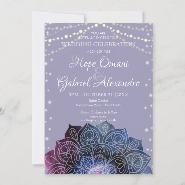 Galaxy Boho Nebula Mandala Light Led Bulb Wedding Invitation (Front)