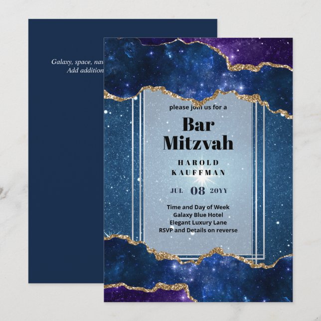 GALAXY Boys BAR MITVAH AGATE Blue Invitation (Front/Back)