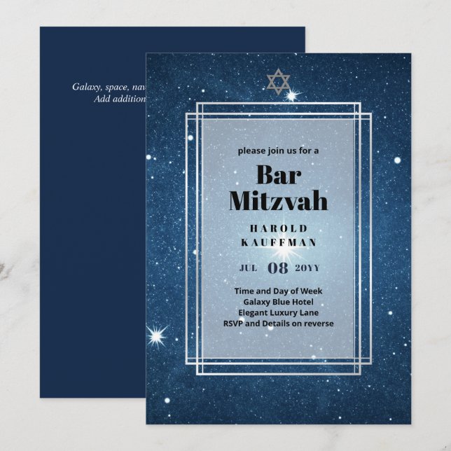 GALAXY Boys BAR MITVAH Space Blue Invitation (Front/Back)