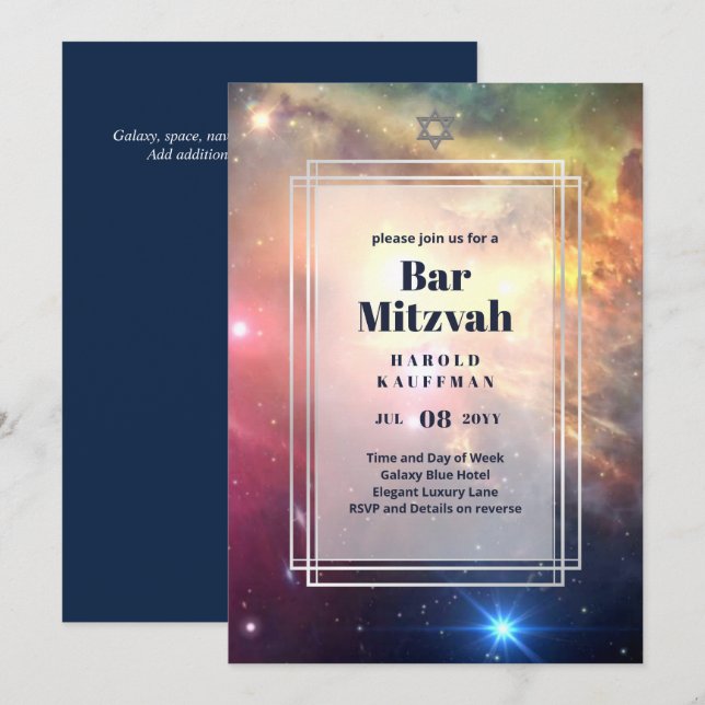 GALAXY Boys BAR MITVAH Space Blue Invitation (Front/Back)