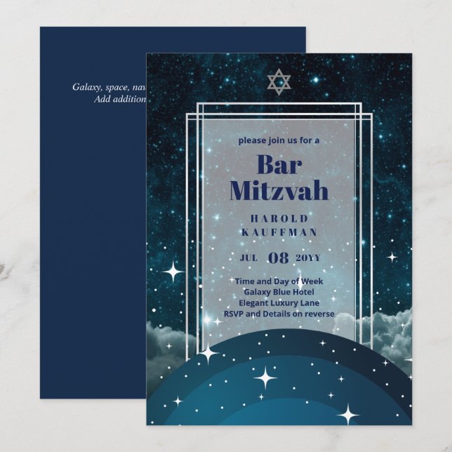 GALAXY Boys BAR MITVAH Space Blue Invitation (Front/Back)