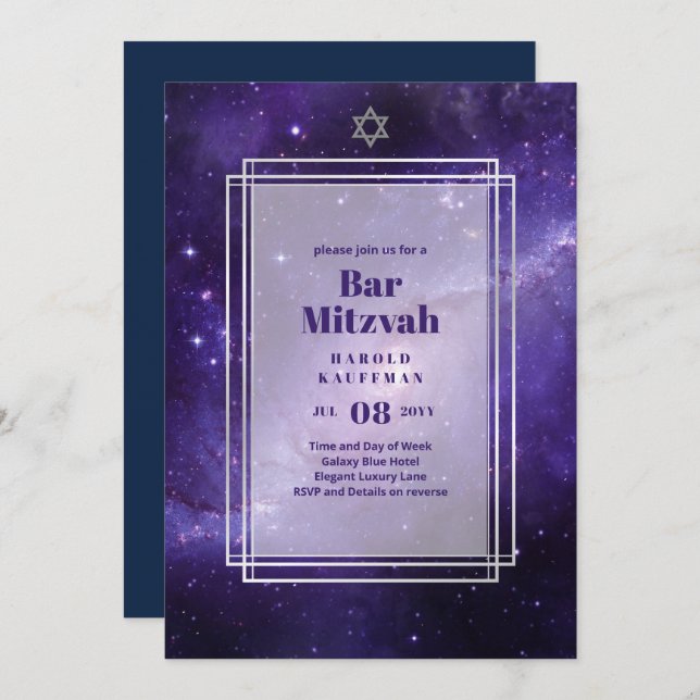 GALAXY Boys BAR MITVAH Space Purple Invitation (Front/Back)