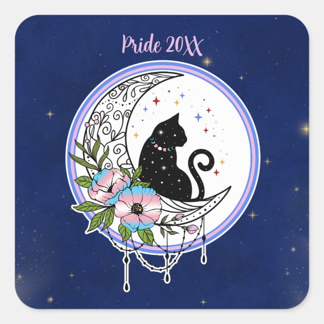 Galaxy Cat and Flowers in Transgender Flag Colours Square Sticker (Front)