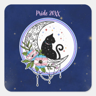 Galaxy Cat and Flowers in Transgender Flag Colours Square Sticker