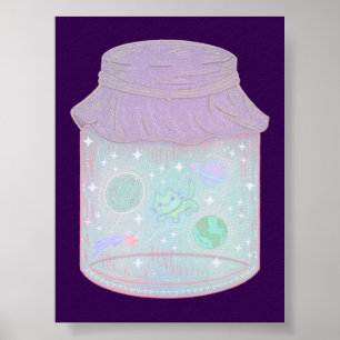 Galaxy Cat in a Jar Kawaii Space Cat Art Poster