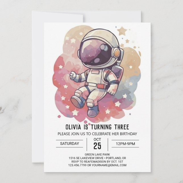 Galaxy Chic Journey Astronaut Birthday Invitation (Front)