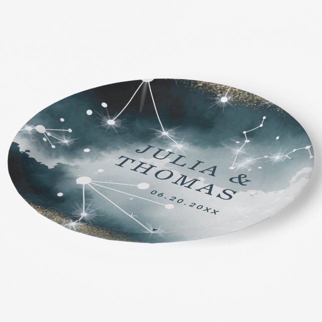 Galaxy Custom Blue Gold Stars Wedding Paper Plate (Angled)