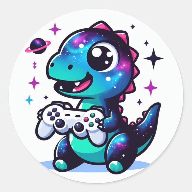 Galaxy Dinosaur with game controller Classic Round Sticker (Front)