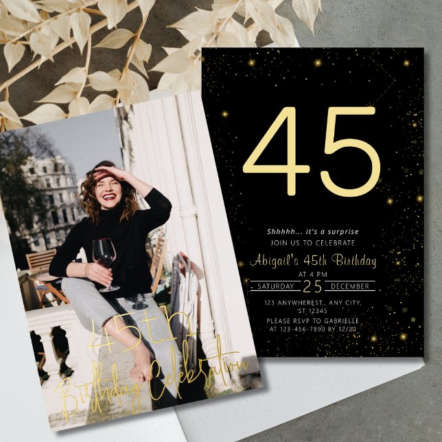 Galaxy Elegant Photo Black Gold Birthday Party (Galaxy Elegant Photo Black Gold Birthday Party Foil Invitation )