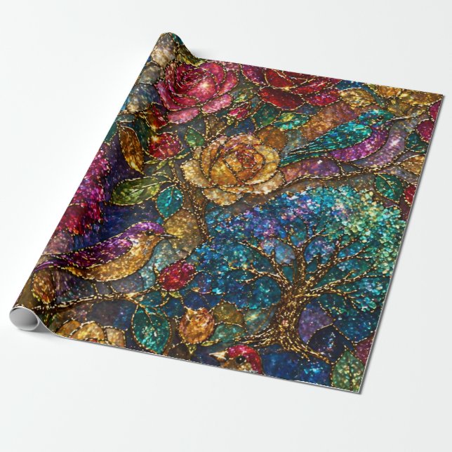 Galaxy Floral Birds Pattern Wrapping Paper (Unrolled)