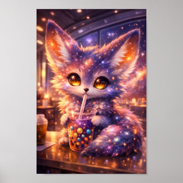 Galaxy Fox Drinking Boba Tea Cute Space Animal Poster (Front)