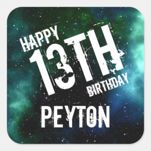 Galaxy Green Blue Personalised Birthday Party Square Sticker