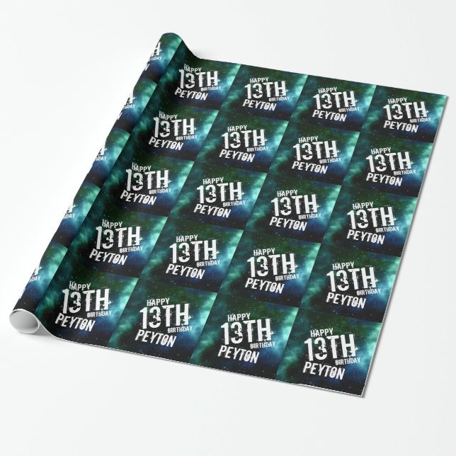 Galaxy Green Blue Personalised Birthday Party Wrapping Paper (Unrolled)