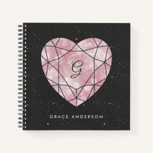 Galaxy Heart Blush and Black Geometric Monogram Notebook