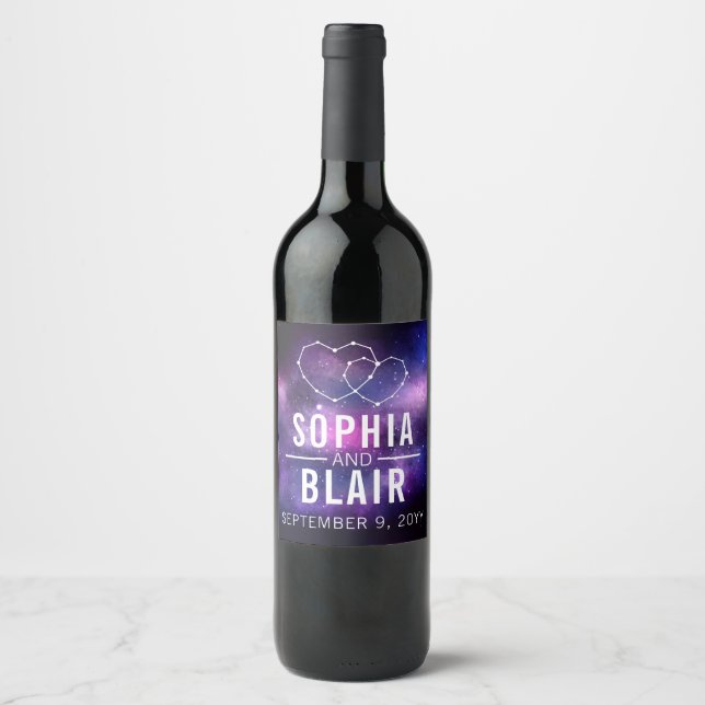 Galaxy Hearts Constellation Wedding Personalised Wine Label (Front)