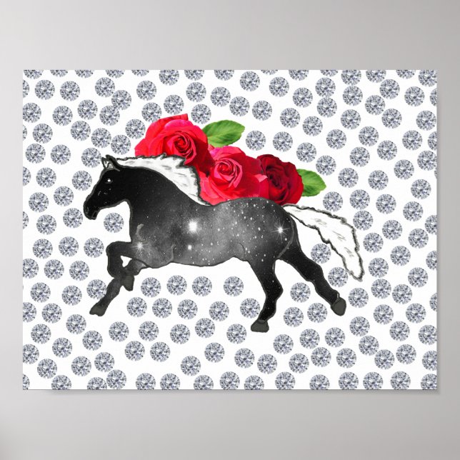 Galaxy Horse Black White Nebula Roses and Diamonds Poster (Front)
