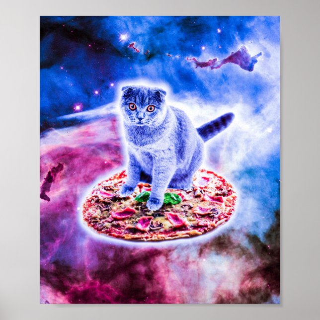 Galaxy Kitty Cat Riding Pizza In Space Poster (Front)