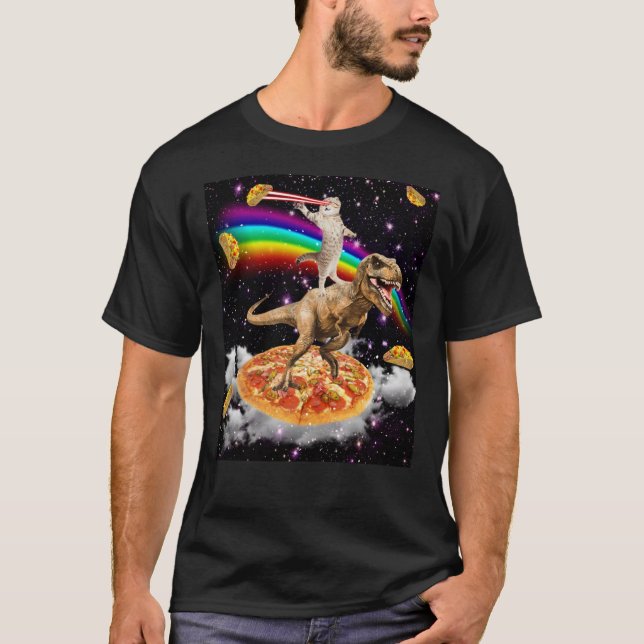 Galaxy Laser Eye Cat on Dinosaur on Pizza with Tac T-Shirt (Front)