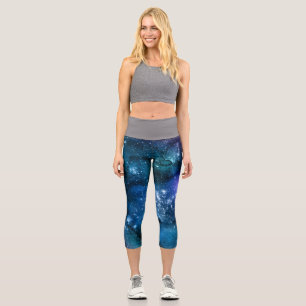 Galaxy Lovers Starry Space Blue Sky White Sparkles Capri Leggings